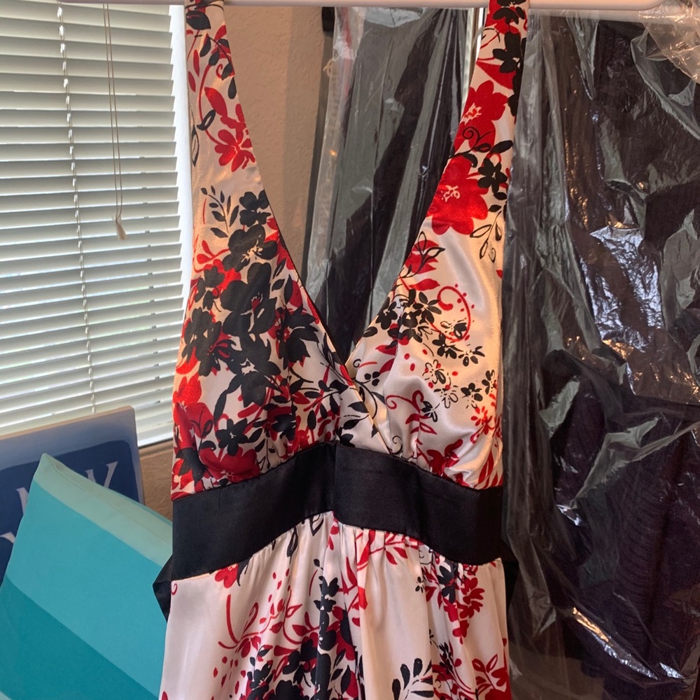 White, black, and red halter dress